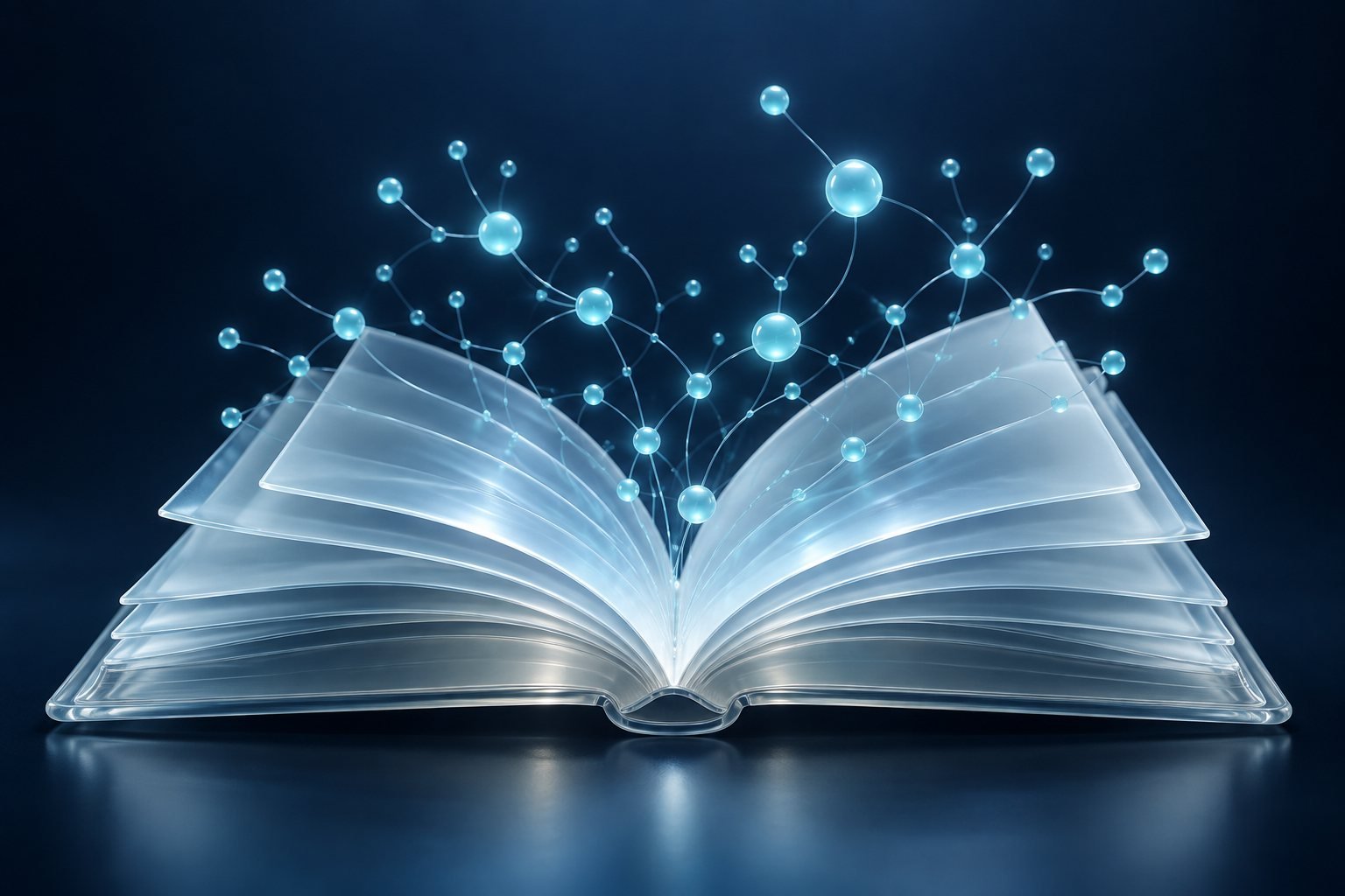 Glass reference book with knowledge connections
